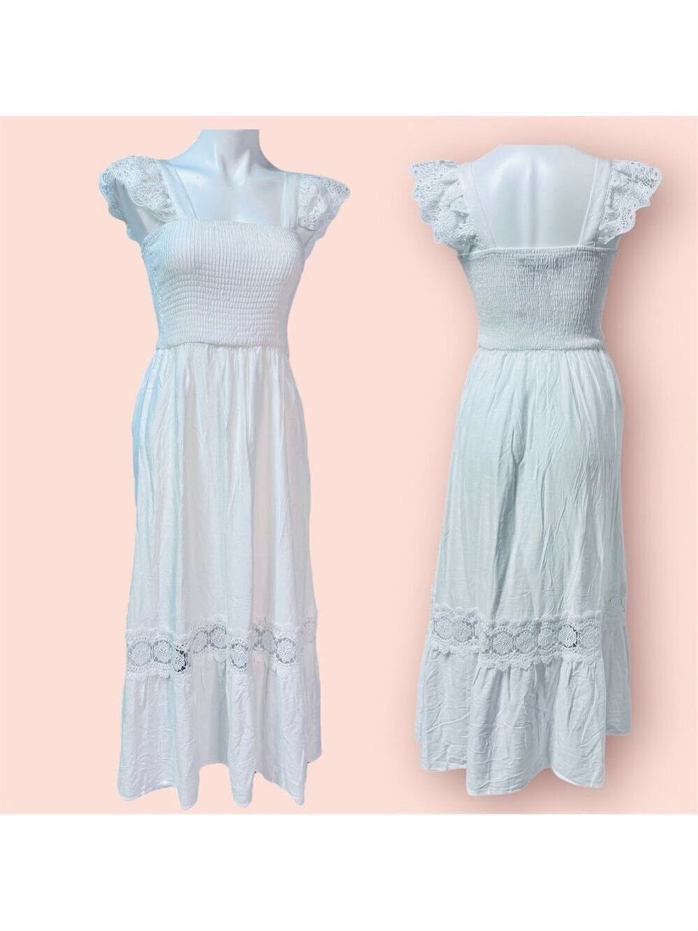 Zesica White Lace Smocked Bodice Dress XS Boho